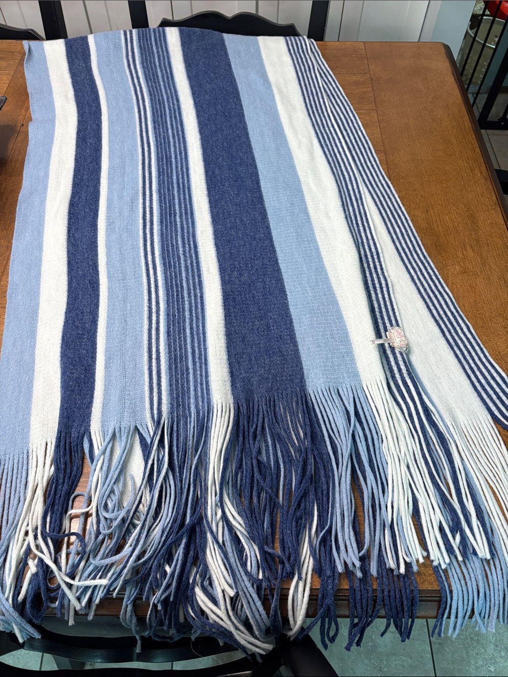 Free People Oversized Blue Striped Fringe Blanket Scarf Shawl Wrap Cozy Boho